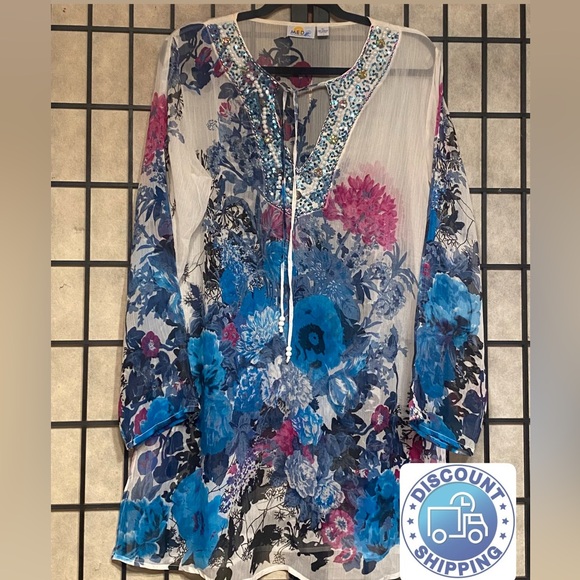 Med Tops - Floral Chiffon Sheer Pastel Colors Tunic Top Blouse Size XL